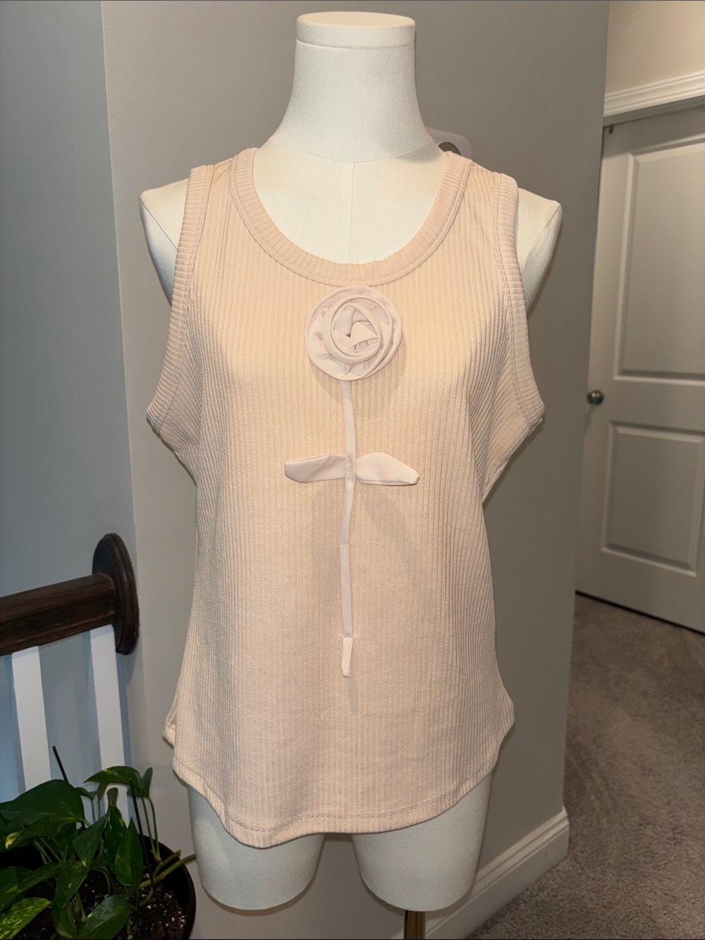 Sleeveless Cream Knit Tank with Rosette Detail - Picture 1 of 4